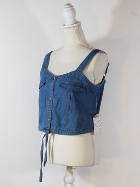 Free People Palm Desert Blue Denim Button-Front Cropped Tank NWT
